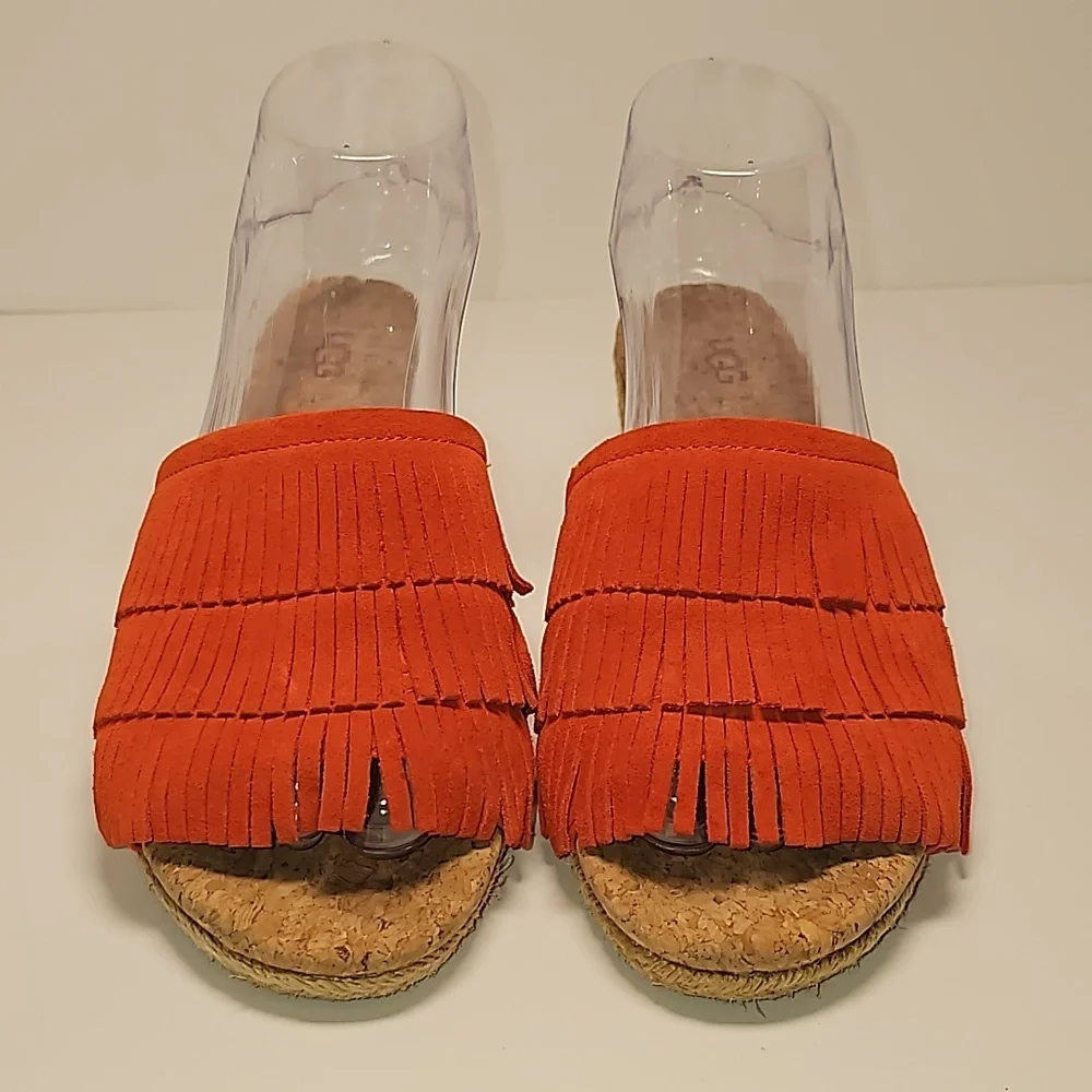 UGG Kendra Wedge Sandals Slides Espadrilles Suede Leather Fringe Cork Orange 7